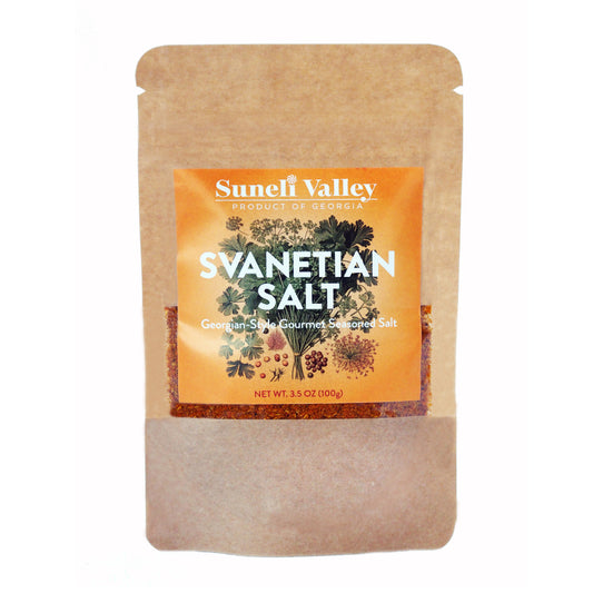 Kraft Pouch of Svanetian Salt with the label 'Traditional Georgian Seasoning - Suneli Valley'