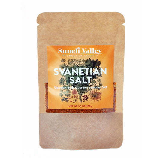Kraft Pouch of Svanetian Salt with the label 'Traditional GeorgianFood Seasoning pouch- Suneli Valley'