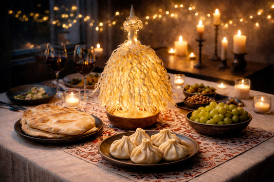 Cozy Georgian winter table featuring traditional chichilaki, khinkali and shoti bread in warm candlelight