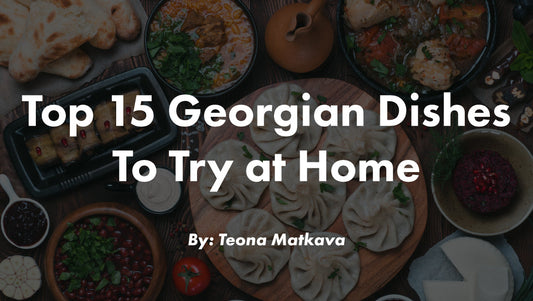 Traditional Georgian supra feast featuring a variety of Georgian dishes including khinkali, chakhokhbili, badrijani nigvzit, and mchadi, surrounded by fresh vegetables, herbs, and sauces, overlayed with the title of the article.