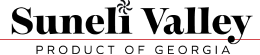 The logo of Suneli Valley, featuring sleek black typography with 'Suneli Valley' prominently displayed, followed by 'Product of Georgia' on a line below, signifying the brand's heritage and quality