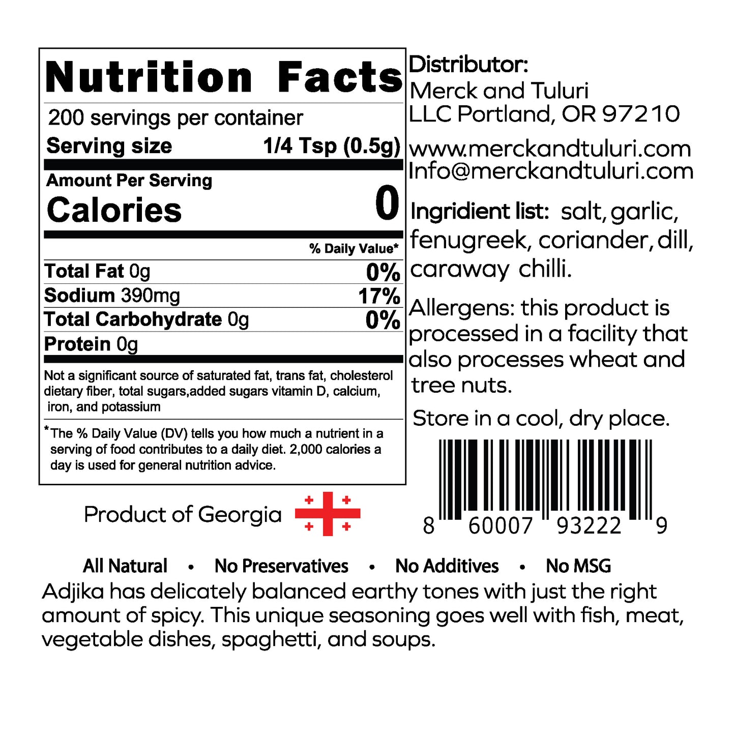 A paper slip showing nutritional facts about our spicy adjika seasoning and barcode.